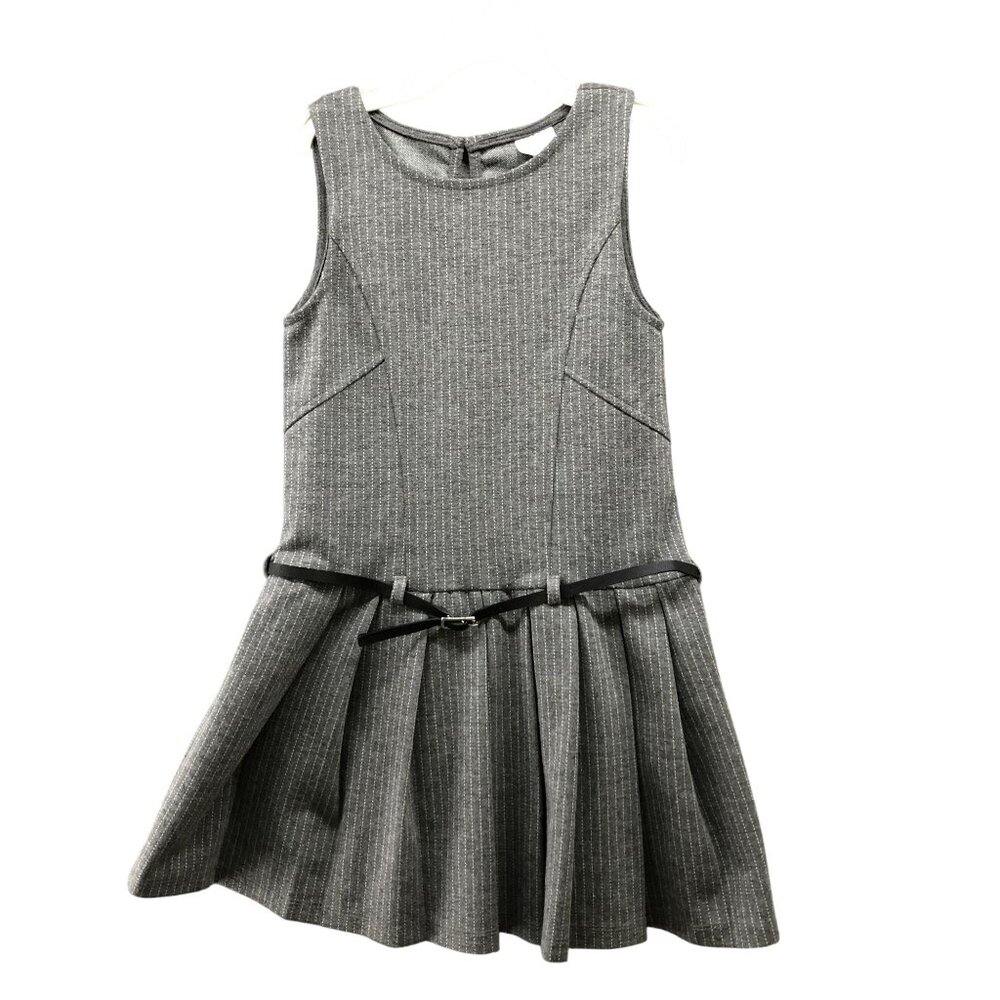Zara Pleated Pinafore Dress Girls Size 8 Gray Pinstriped Belted Ponte Preppy